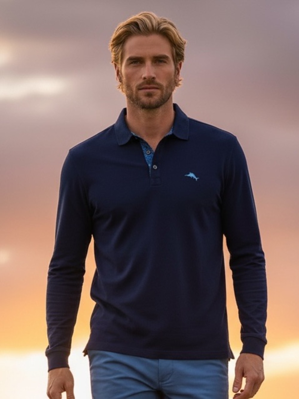 Tommy Bahama IslandZone Polo Shirt Mens L Blue Long Sleeve Supima Cotton Stretch